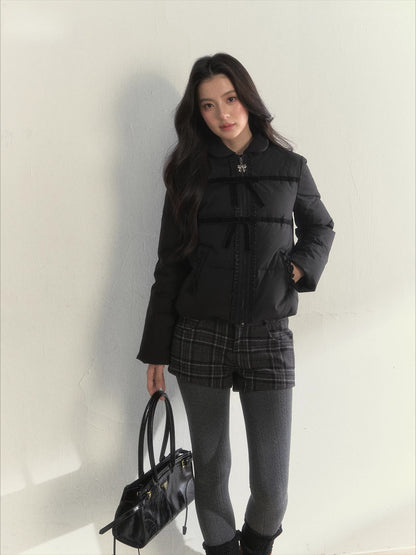 Velvet Bow Trim Down Jacket