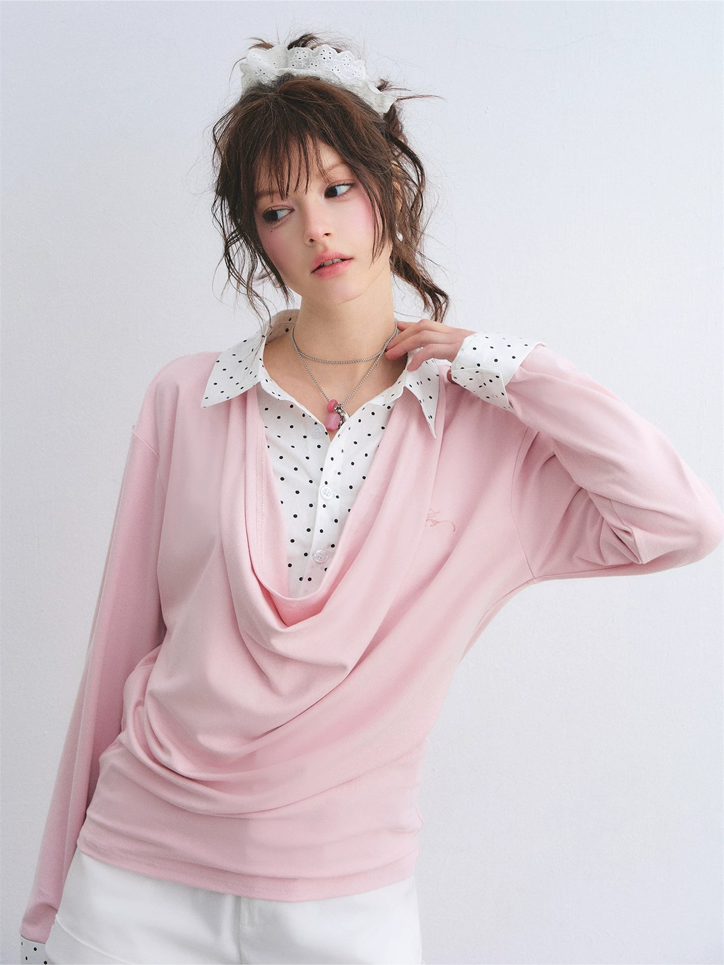 Polka Dot Shirt Panel Faux-Layer Draped Collar Top
