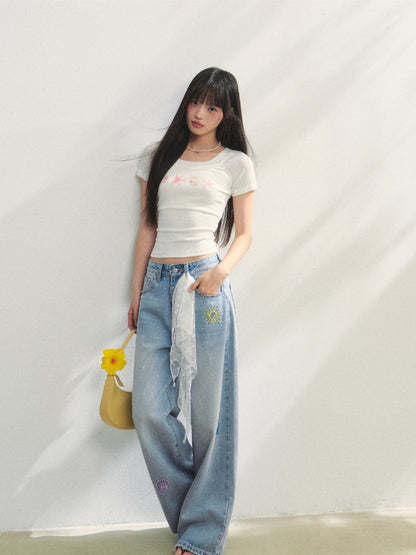 Embroidered Denim Wide-Leg Pants - CHINASQUAD