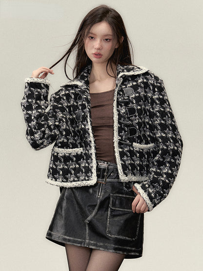 Black Short Plaid Wool Jacket - CHINASQUAD