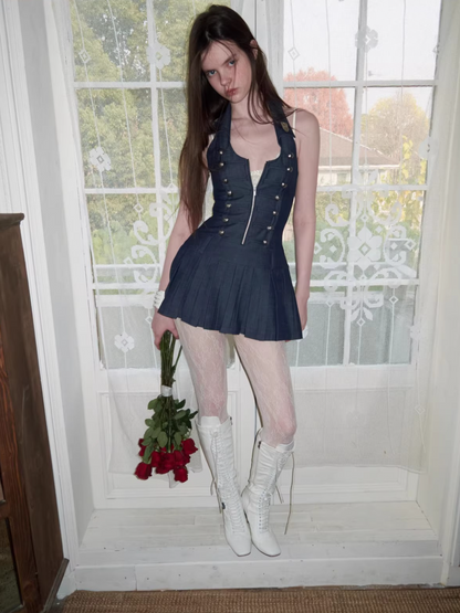 Court-Style Double-Breasted Open-Back Pleated Dress