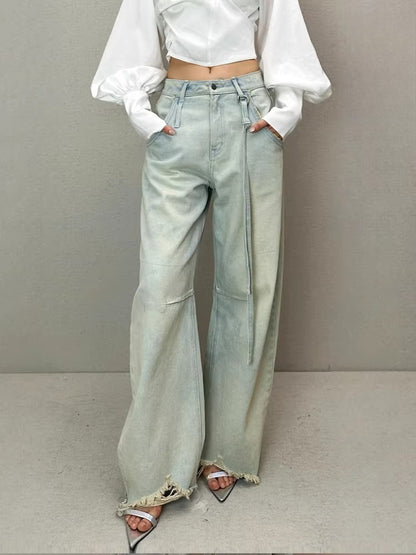 Washed Pleated Banana-Fit Denim Pants