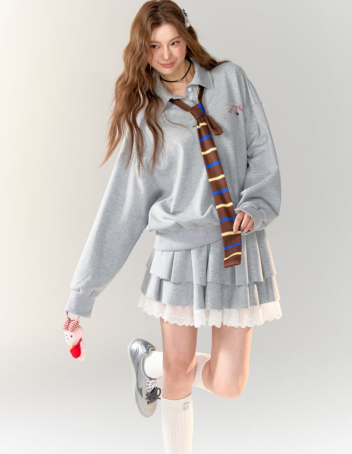 American College Style Polo Collar Sweatshirt &amp; Skirt Set