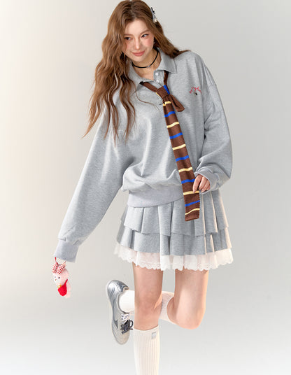 American College Style Polo Collar Sweatshirt &amp; Skirt Set