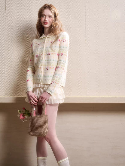 Jacquard Doll-Collar Knit Cardigan
