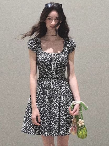 Botanical Graffiti Cotton Ruched Tie Dress