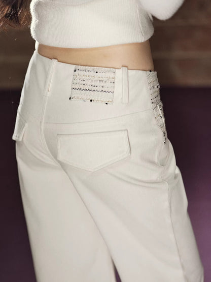 Stud-Detail Straight-Leg Flared Wide Pants