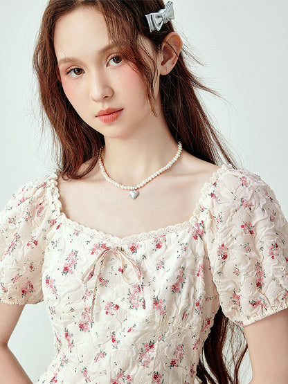 Off-white Square-neck Floral Puff Sleeve Dress