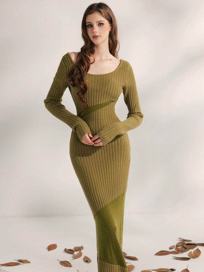 Autumn Weave Knit Panel Waist Dress