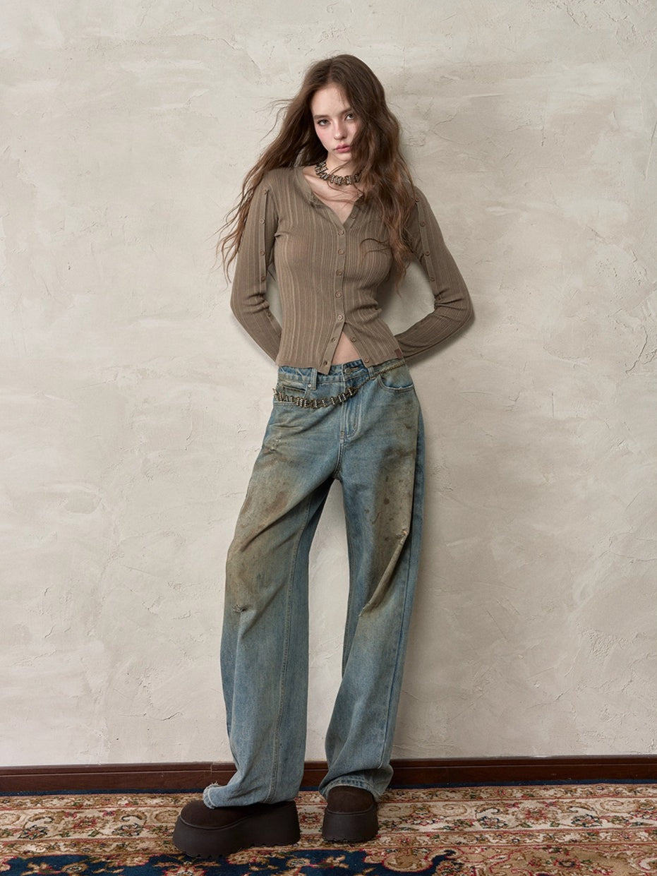 Button-Down Waist-Cinched Lyocell Knit Cardigan