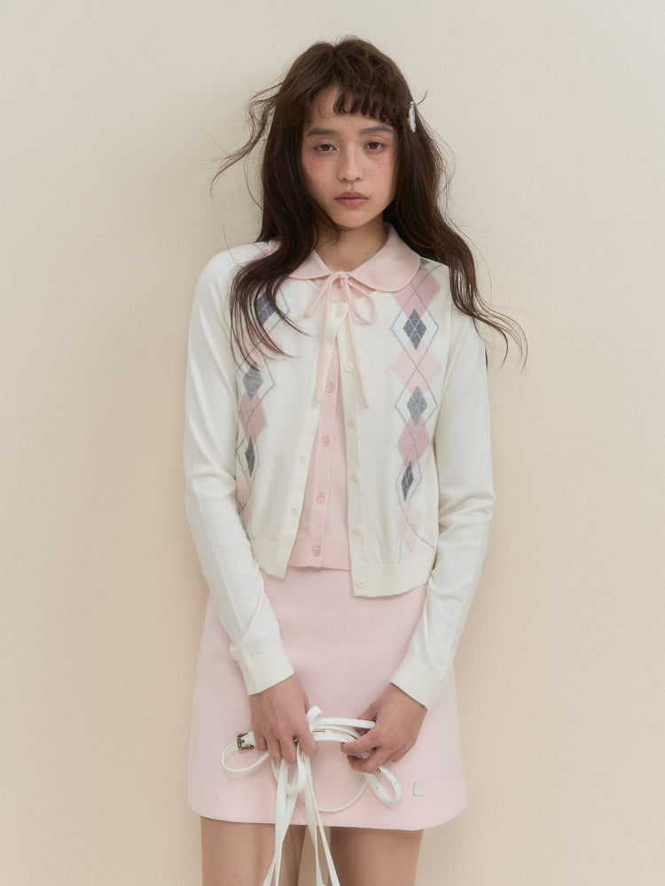 Faux Two-Piece Pink and White Argyle Knit