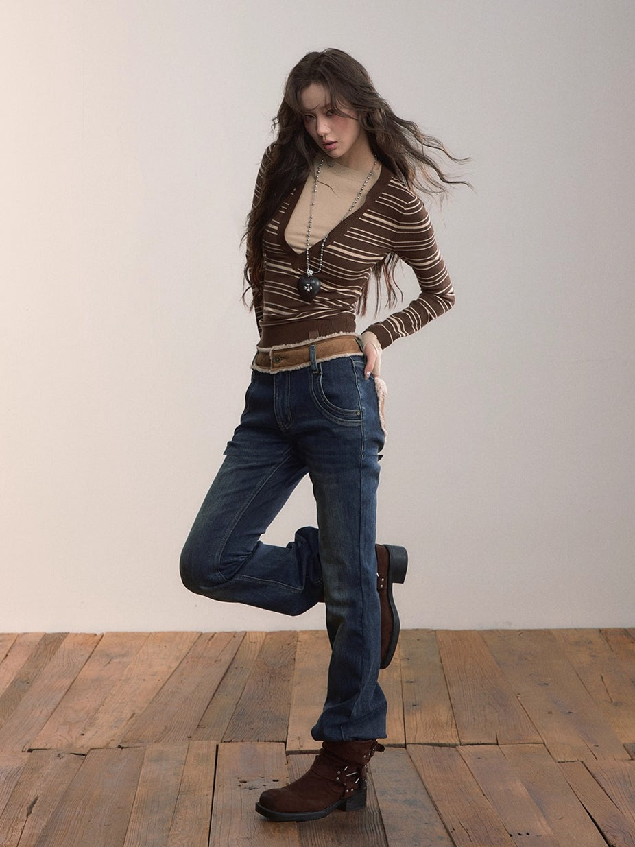 Contrast Stripe Fitted Knit Crewneck