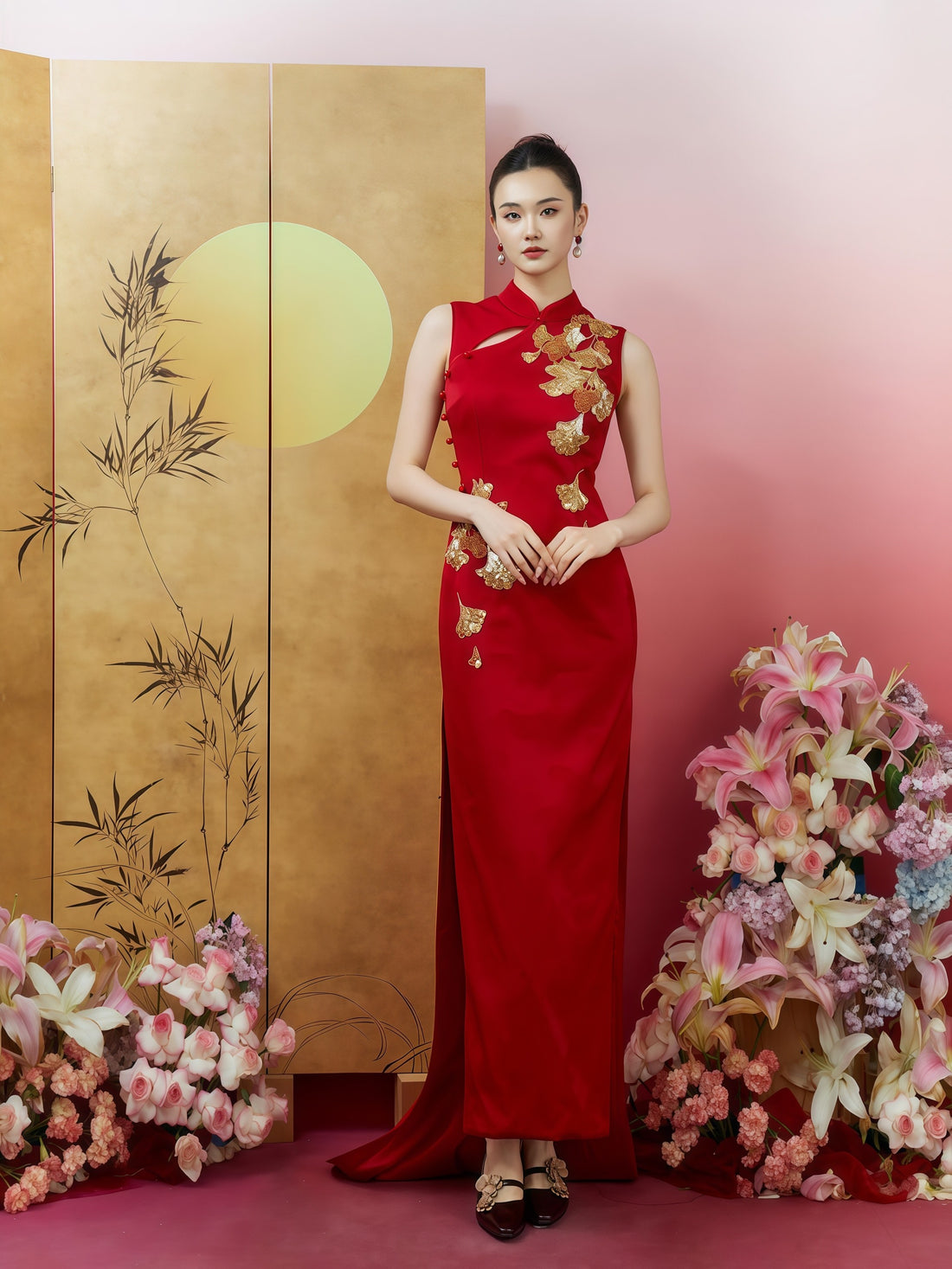绯红奢华刺绣旗袍礼服