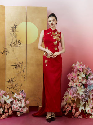 Scarlet Opulence Embroidered Cheongsam Gown