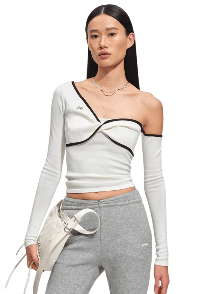 Sculpted Twist Asymmetric Off-Shoulder Knit Crewneck