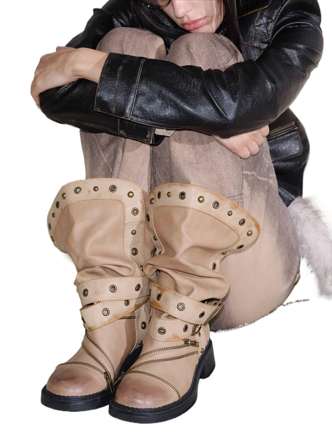 Retro Distressed Rivet Zipper Mid-Calf Boots