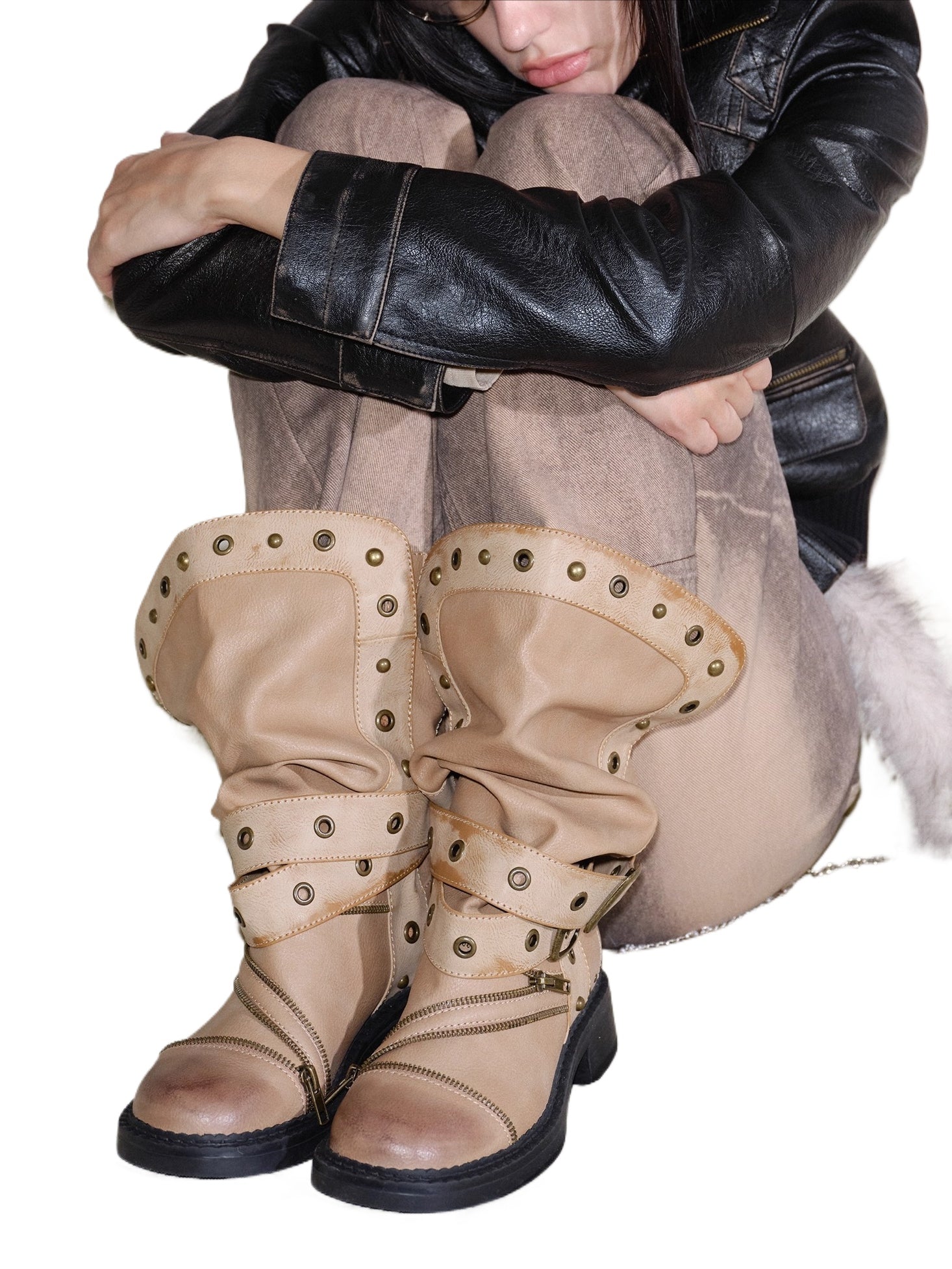 Retro Distressed Rivet Zipper Mid-Calf Boots