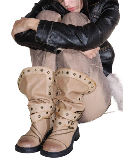 Retro Distressed Rivet Zipper Mid-Calf Boots