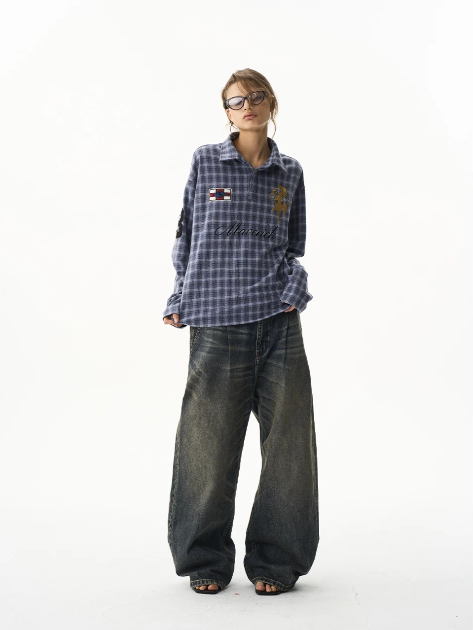 Vintage Plaid Badge Long Sleeve Polo Tee