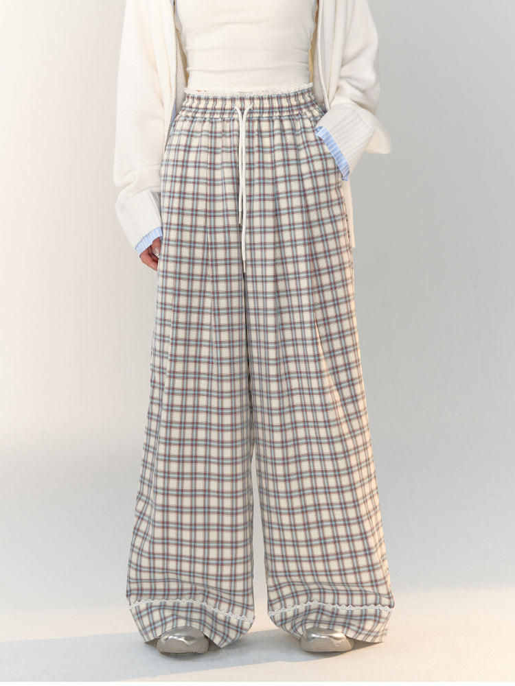 Lace-Trimmed Plaid Wide-Legged Pants