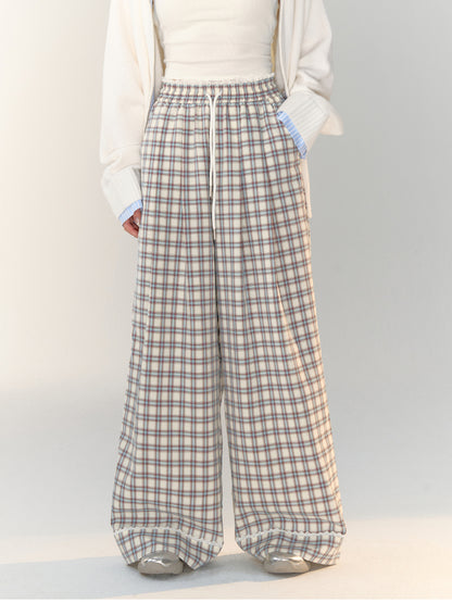 Lace-Trimmed Plaid Wide-Legged Pants