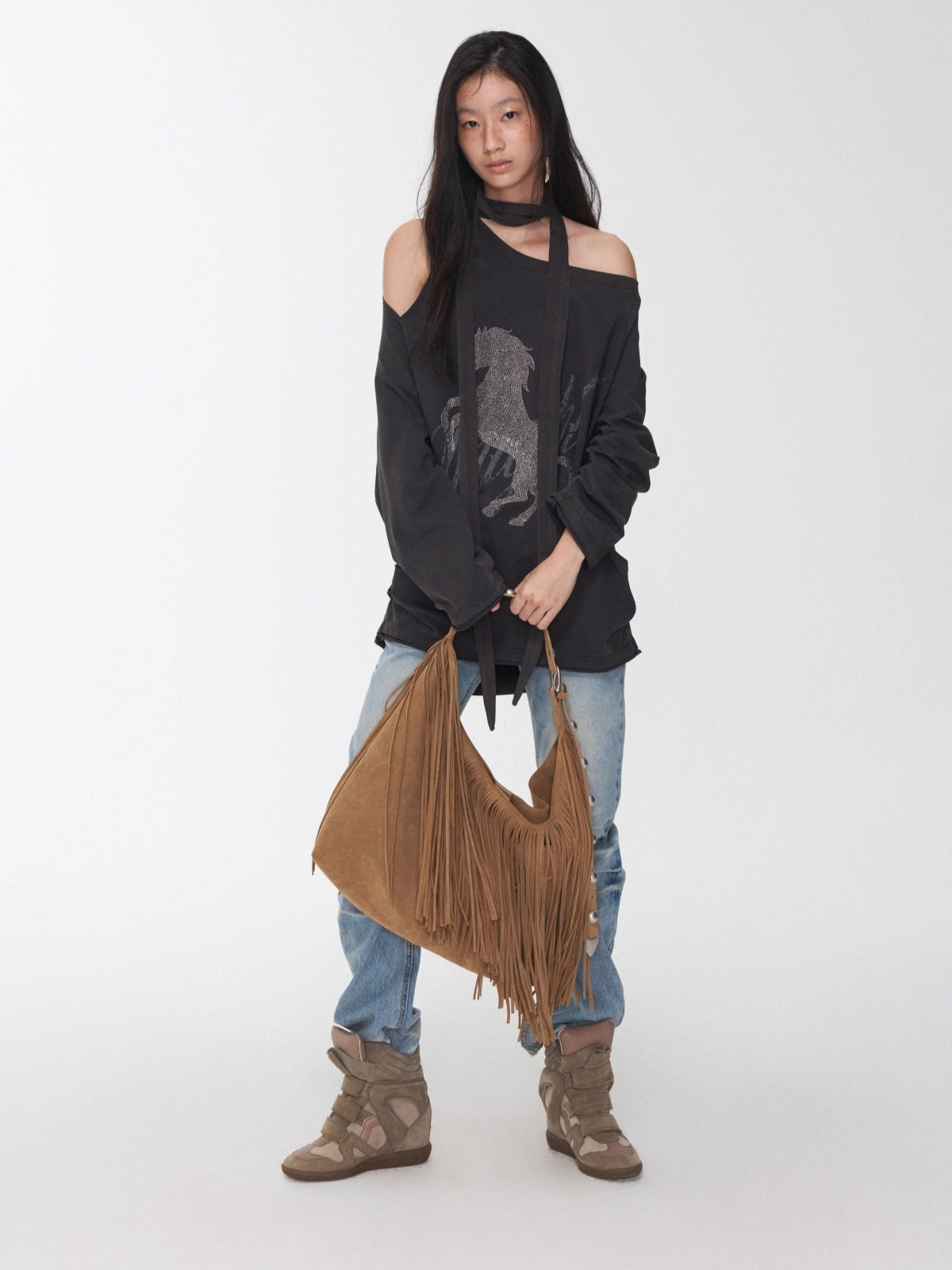 Rhinestone Shoulder-Tie Oversized Sweatshirt