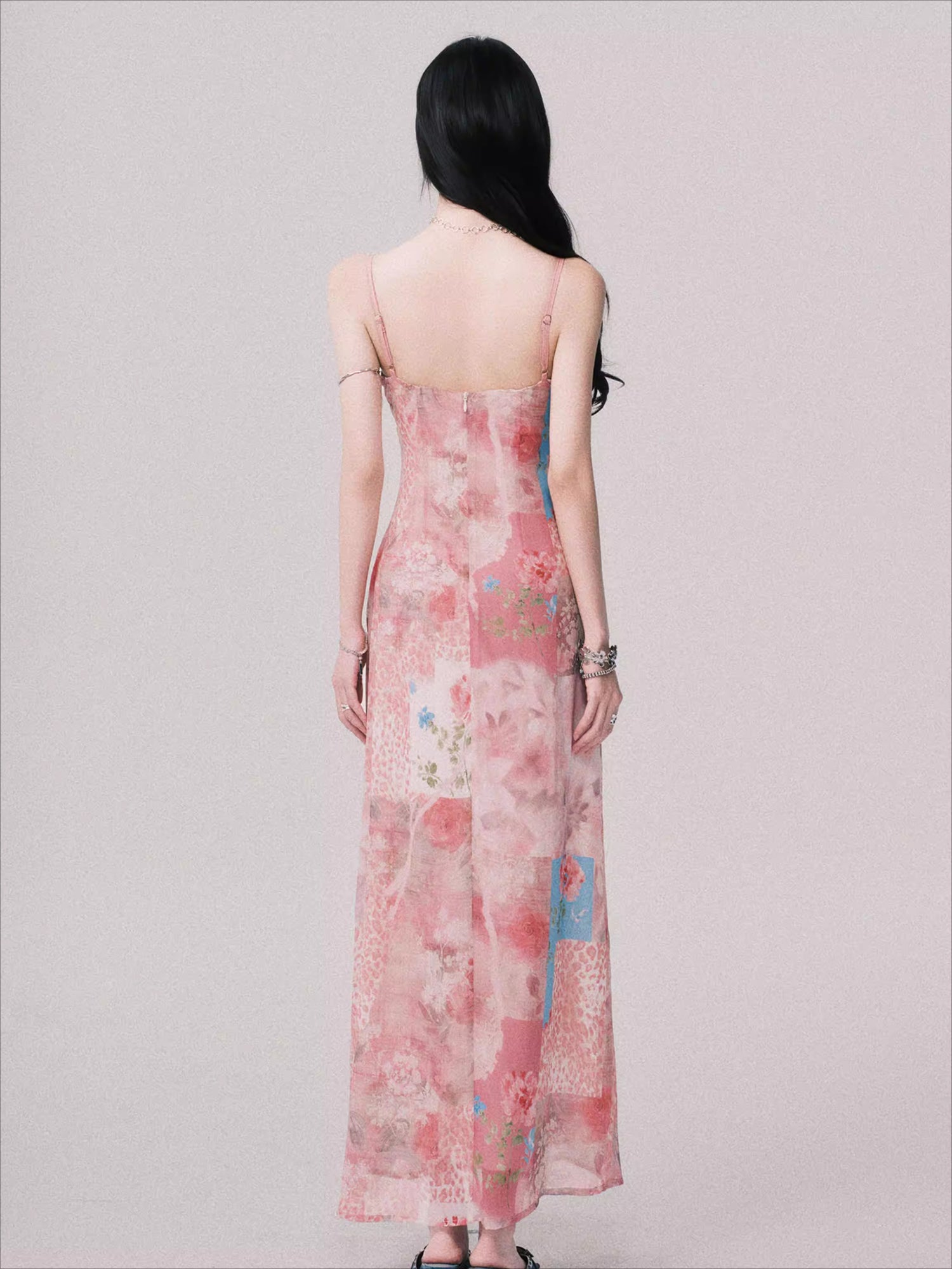 Floral V-Neck Spliced Print Slip Dress