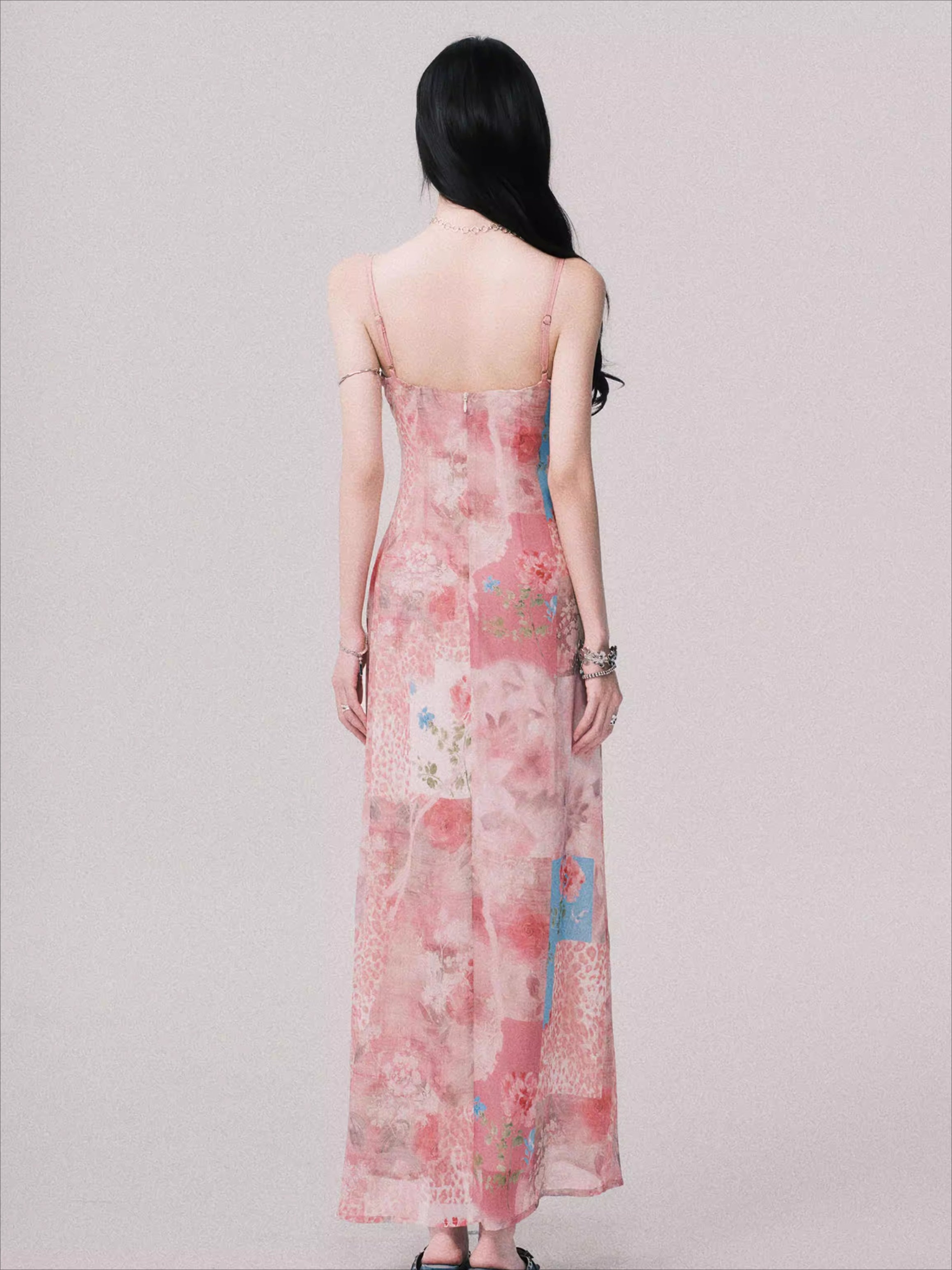 Floral V-Neck Spliced Print Slip Dress