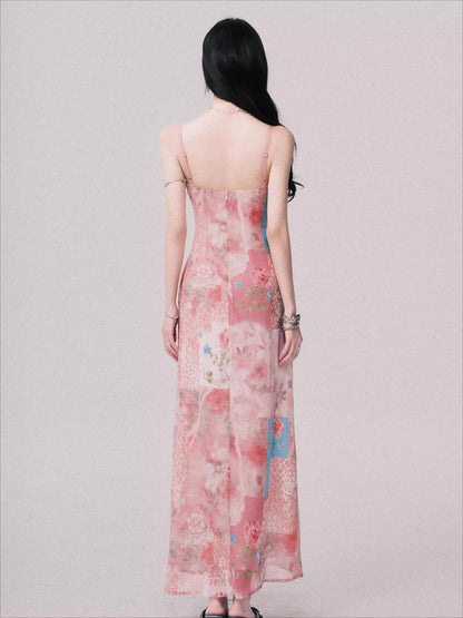 Floral V-Neck Spliced Print Slip Dress