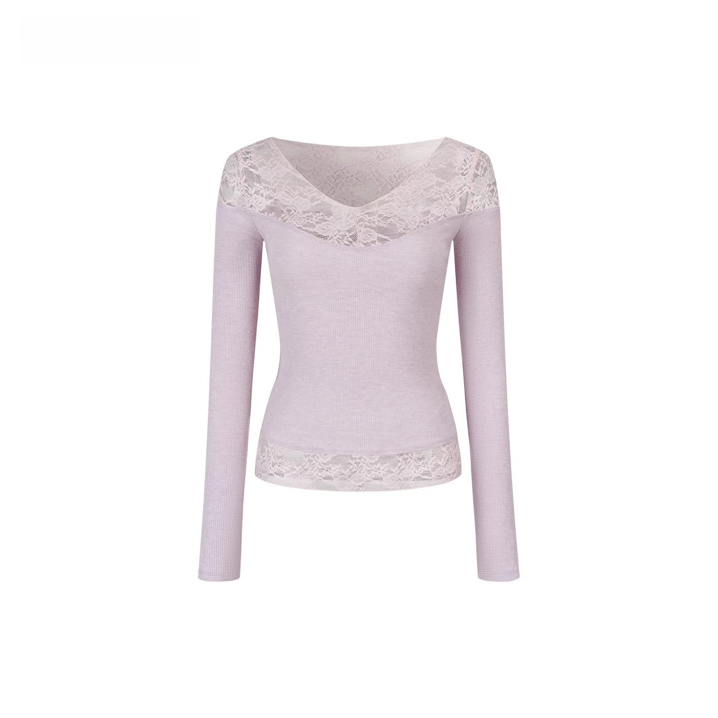 Lace-Trimmed Rib Knit V-Neck Knitwear
