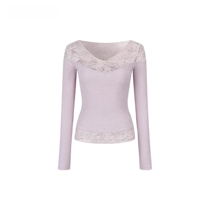 Lace-Trimmed Rib Knit V-Neck Knitwear
