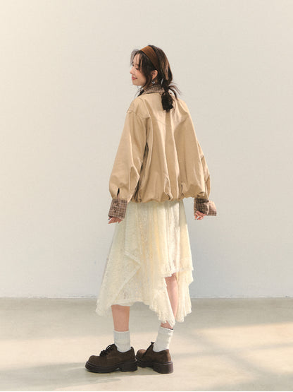 Beige Lace Irregular Hem Midi Skirt - CHINASQUAD