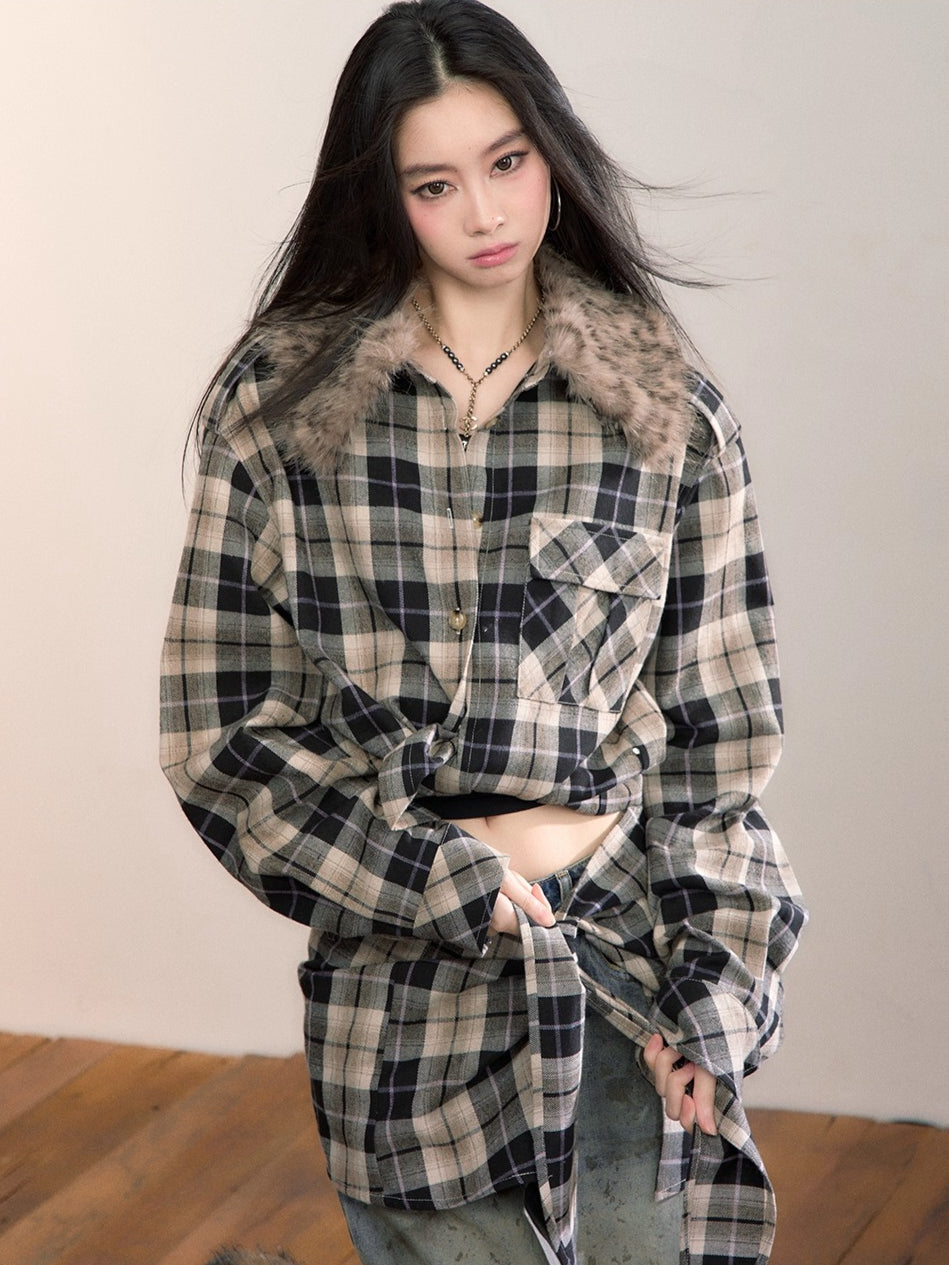 Plaid Detachable Fur Collar Two-Piece Shirt Set