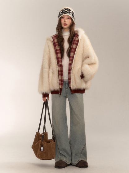 Reversible Plaid Faux Fur Coat