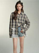 Lace Spliced Plaid Shirt - CHINASQUAD