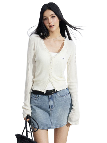 Sheer Lace-Trim Breathable Knit Sun Protection Cardigan