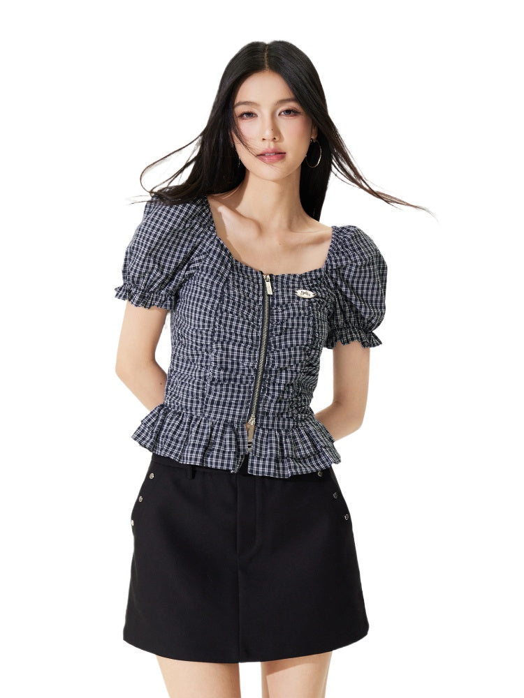 Puff Sleeve One-Word Collar Plaid Top - CHINASQUAD