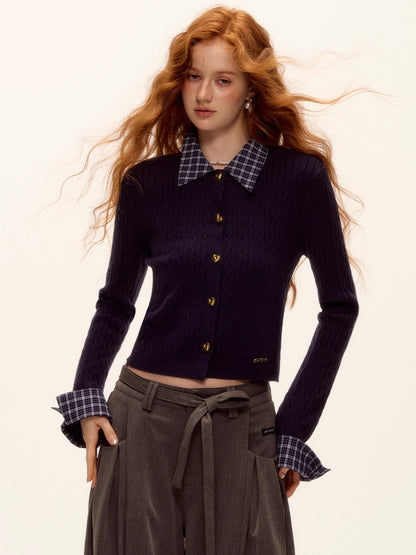 Wool Blend Plaid Patchwork Cable Knit Cardigan