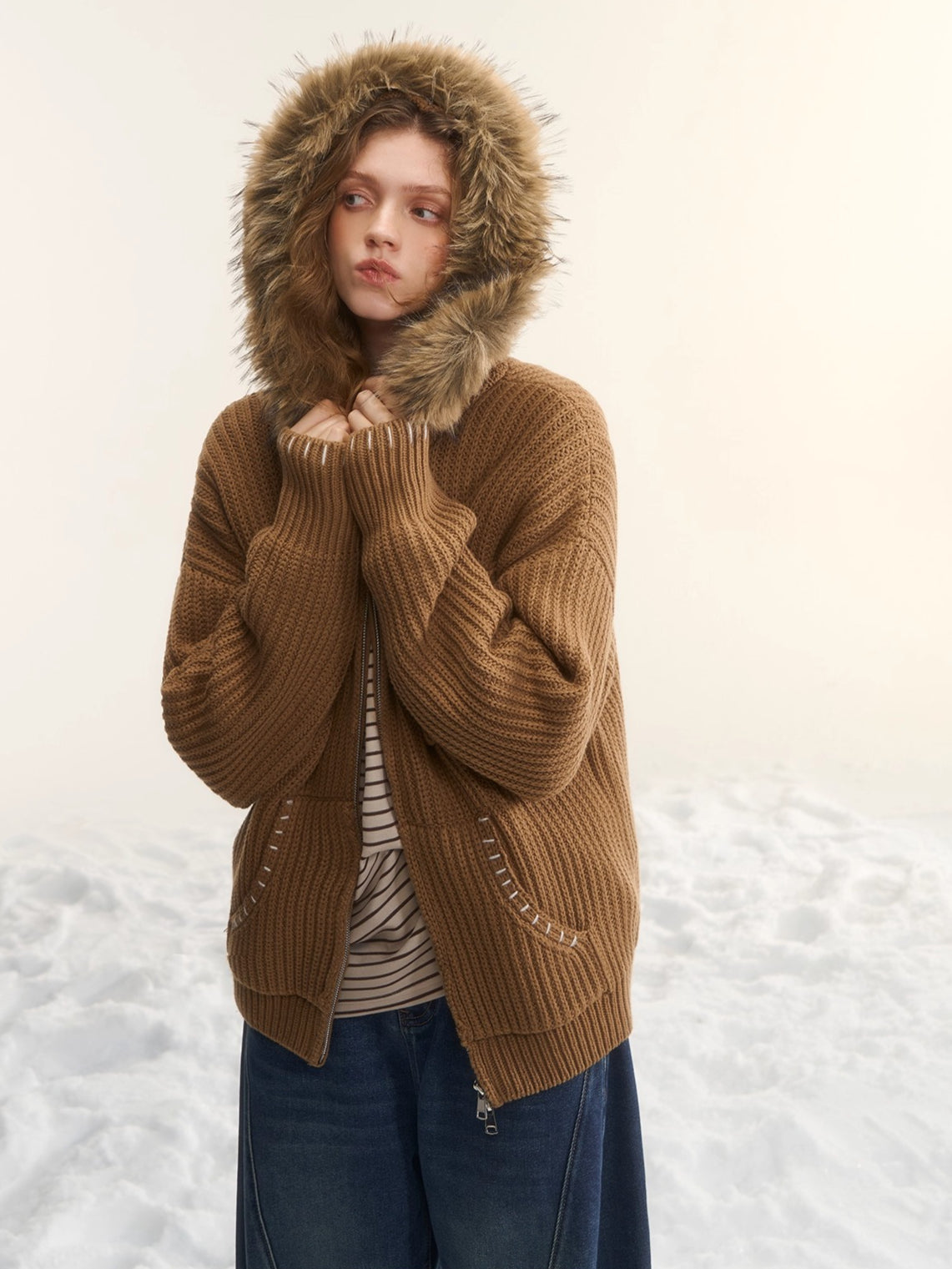 Embroidered Knit Zip-Up Hoodie Cardigan