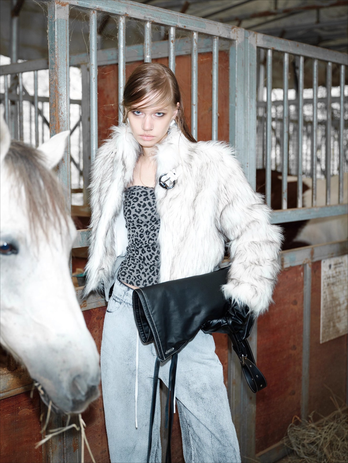 Metal-Buckle Stand Collar Faux Fur Coat