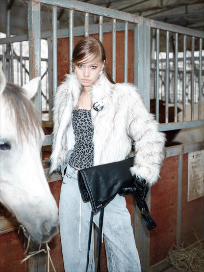 Metal-Buckle Stand Collar Faux Fur Coat