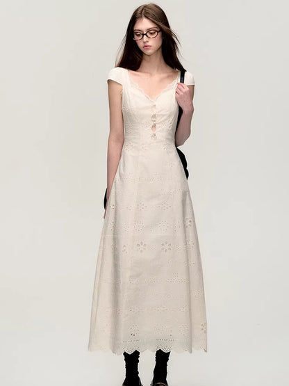Cream White Lace-Panel Slim Fit Textured Dress