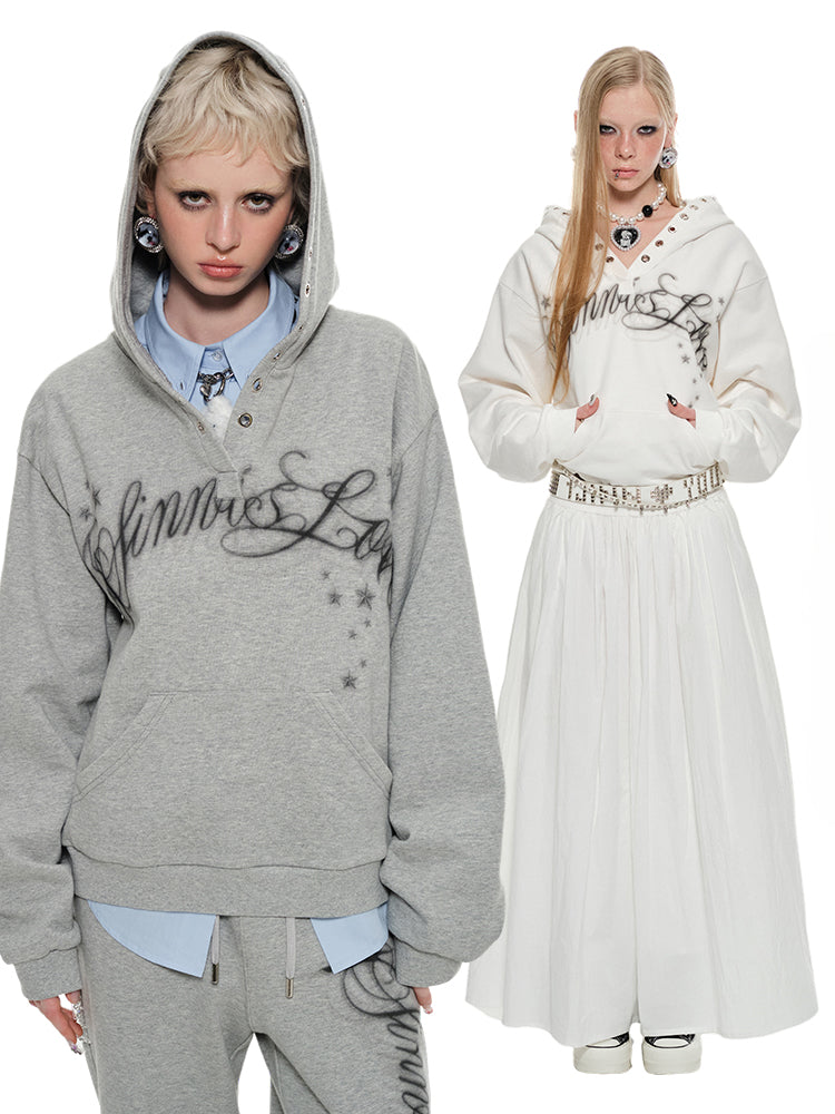 Loose Hooded Eyelet Print Sweatshirt