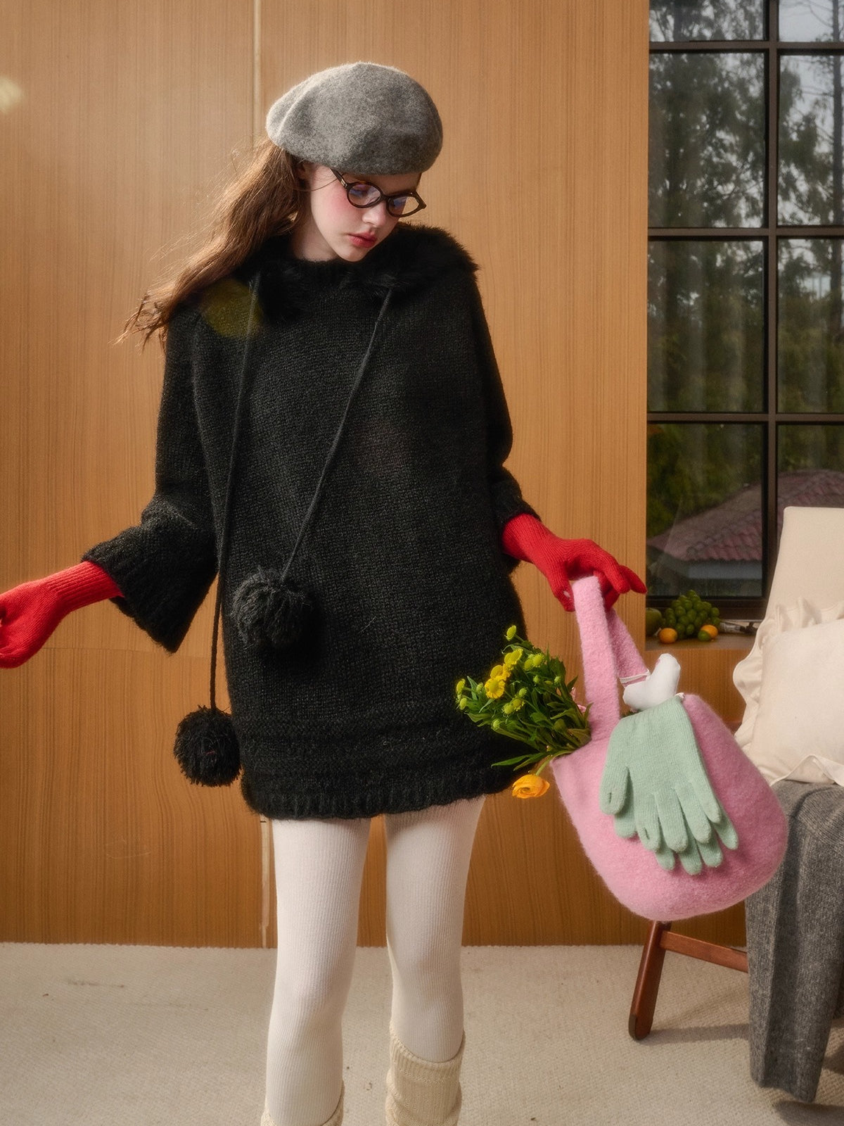 Winter Keepsake Wool-Blend Knitted Cape Dress