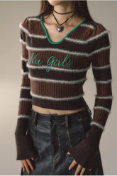 V-neck Striped Knitted Sweater - CHINASQUAD