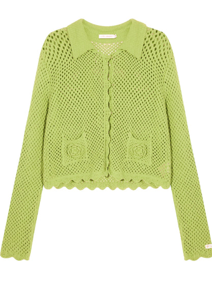 Hollow-out 3D Flower Crochet Lapel Cardigan - CHINASQUAD