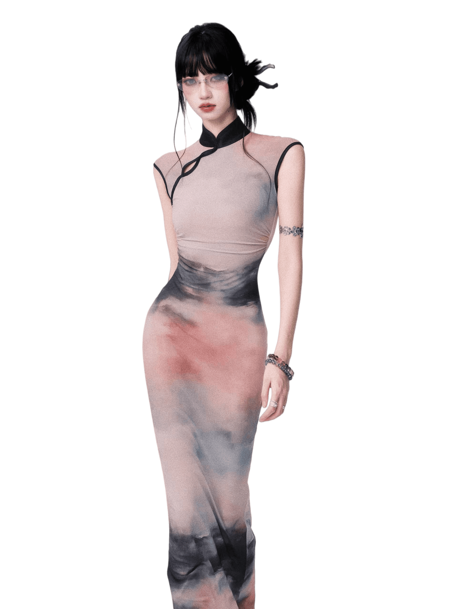 Stretch Mesh Cheongsam Maxi Dress