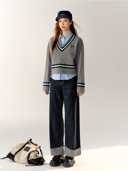 Academy Style Color-Block Knit Long-Sleeve Top