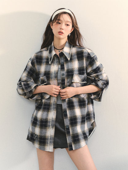 Pearl-Trimmed Polo-Neck Checkered Shirt - CHINASQUAD