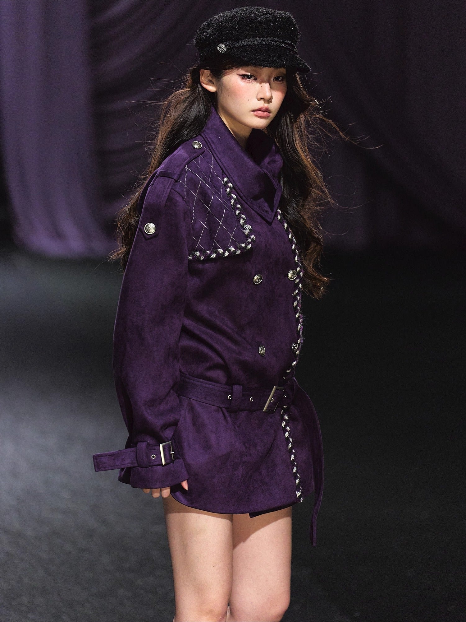 Purple Suede Stand-Collar Trench Jacket